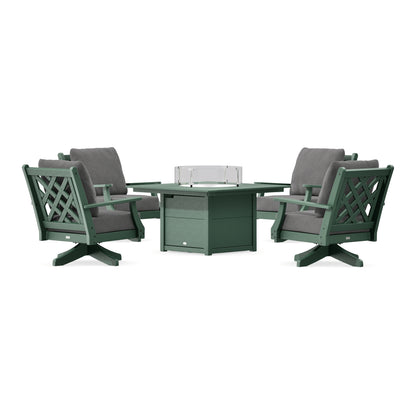 POLYWOOD Country Living Wovendale 5-Piece Deep Seating Swivel Conversation Set with Fire Pit Table in Green