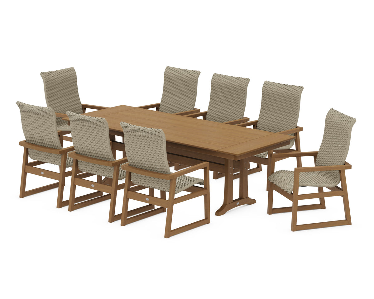 POLYWOOD EDGE Woven High-Back 9-Piece Farmhouse Dining Set with Trestle Legs in Natural / Dune Grass