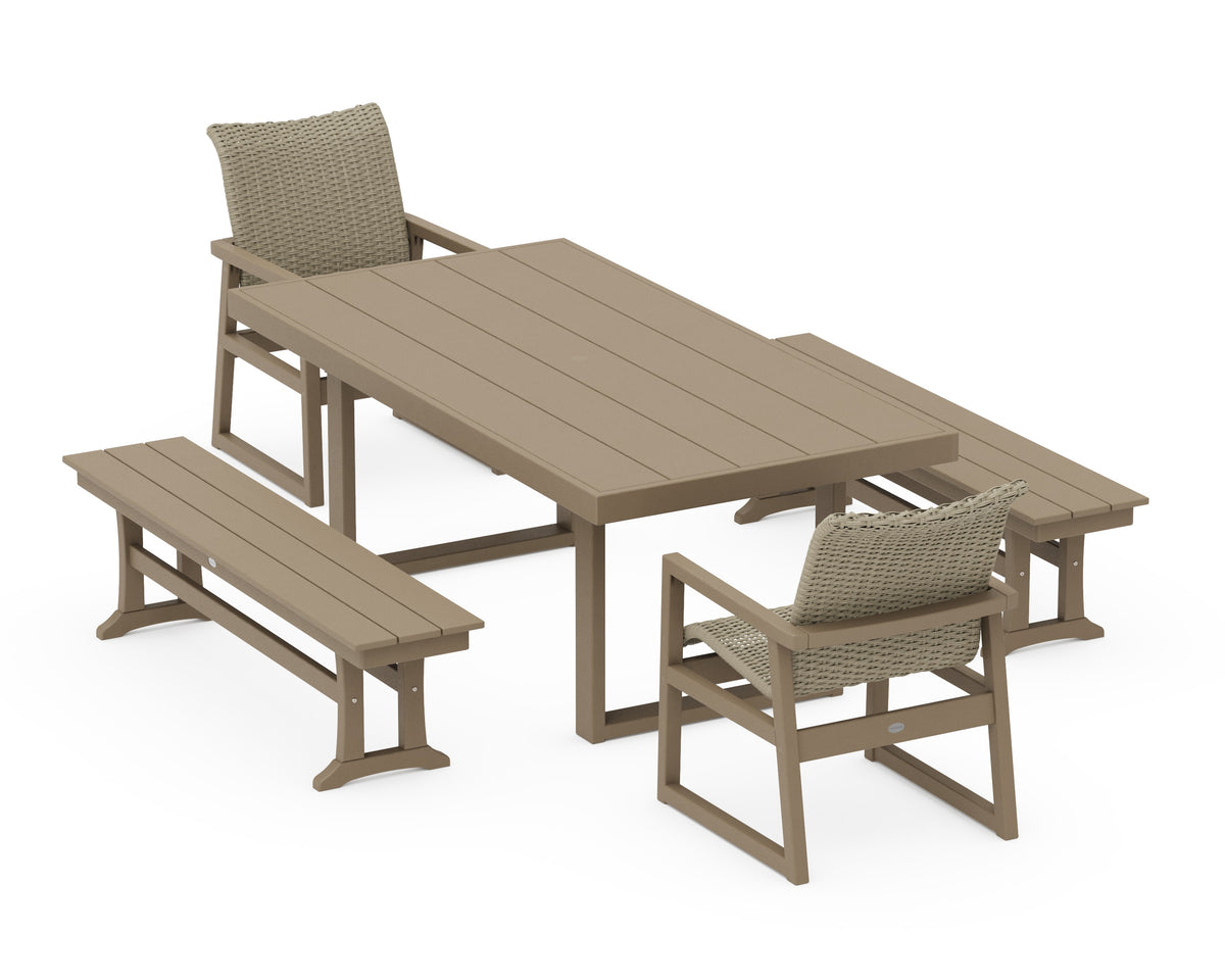 POLYWOOD EDGE Woven 5-Piece Dining Set with Benches in Vintage Sahara / Dune Grass