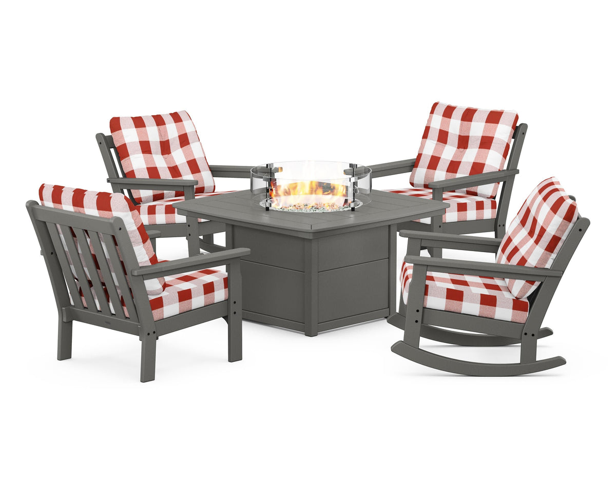 POLYWOOD Vineyard 5-Piece Deep Seating Rocking Chair Conversation Set with Fire Pit Table in Slate Grey / Buffalo Plaid Crimson