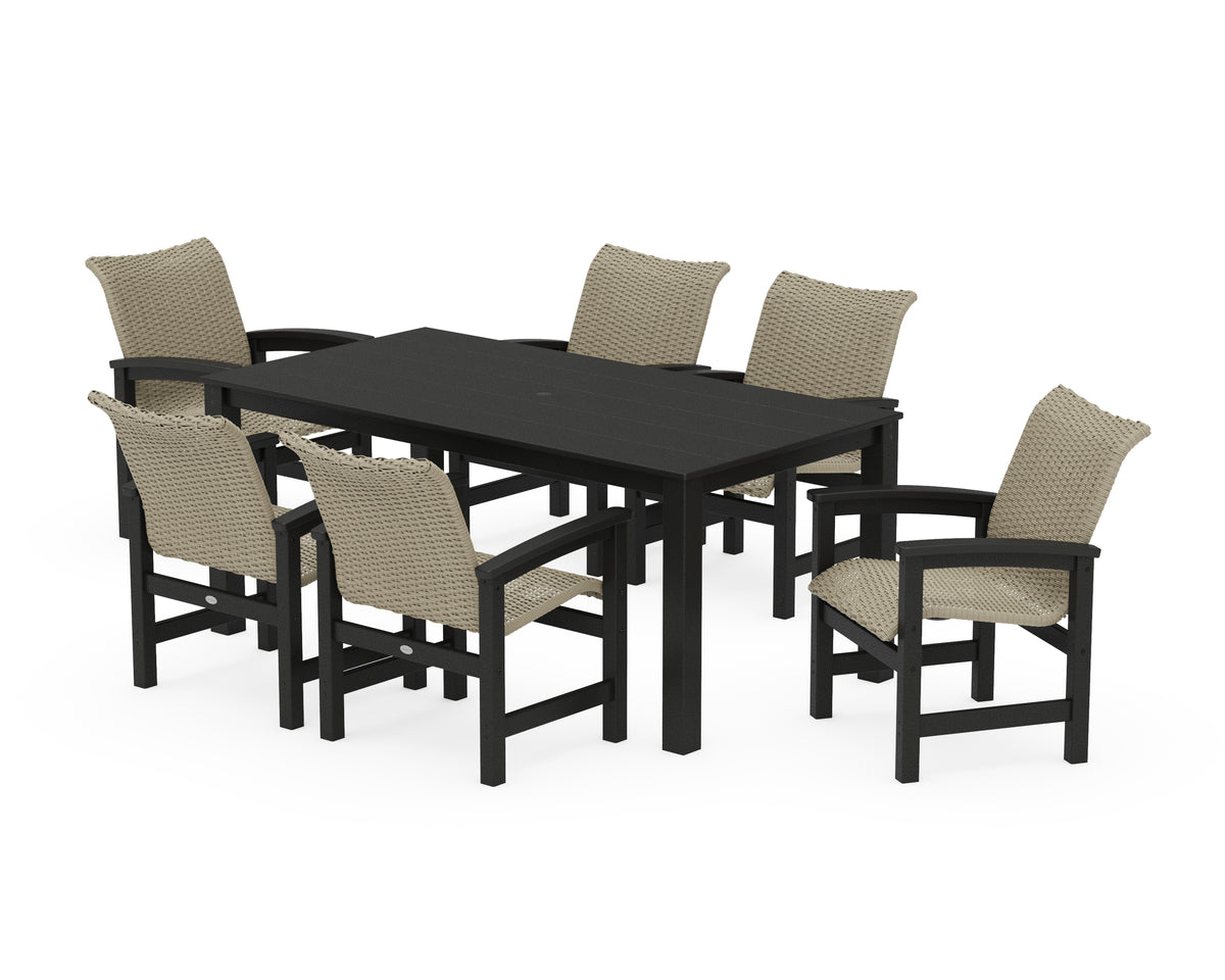 POLYWOOD Coastal Woven Arm Chair 7-Piece Parsons Dining Set in Black / Dune Grass