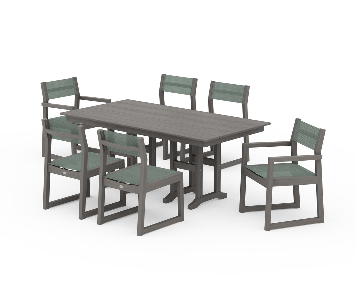 POLYWOOD EDGE Sling 7-Piece Farmhouse Dining Set in Driftwood / Dupioni Sea Mist