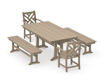 POLYWOOD Chippendale 5-Piece Farmhouse Dining Set with Trestle Legs in Vintage Sahara