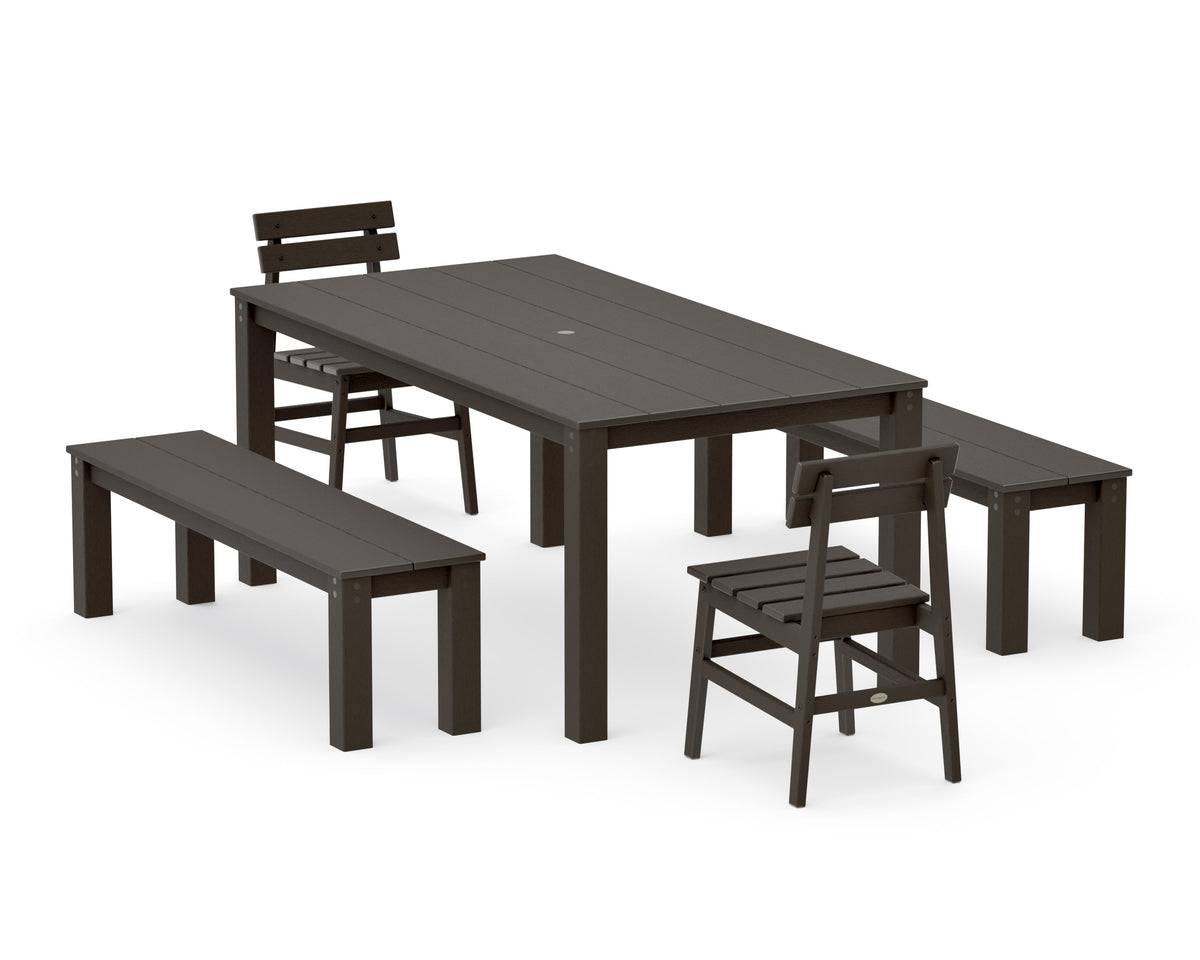 POLYWOOD Modern Studio Plaza Chair 5-Piece Parsons Dining Set with Benches - 38" x 72" Table in Vintage Coffee