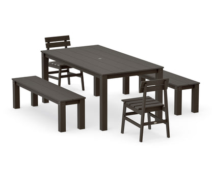 POLYWOOD Modern Studio Plaza Chair 5-Piece Parsons Dining Set with Benches - 38" x 72" Table in Vintage Coffee