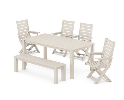 POLYWOOD Captain Folding Chair 6-Piece Parsons Dining Set with Bench in Sand