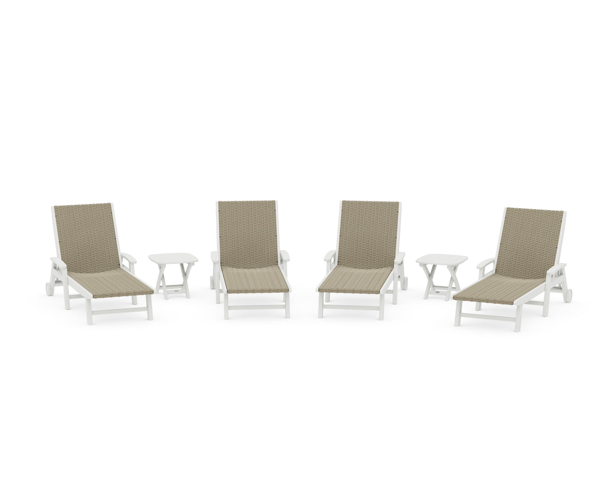 POLYWOOD 6-Piece Coastal Woven Chaise with Arms and Wheels Lounge Set in White / Dune Grass