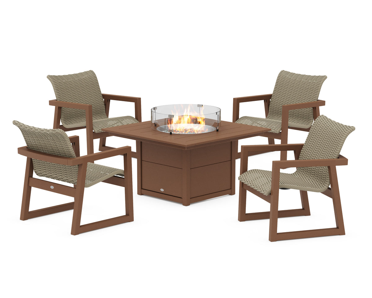 POLYWOOD EDGE Woven 5-Piece Lounge Chair Seating Set with Fire Pit Table in Teak / Dune Grass
