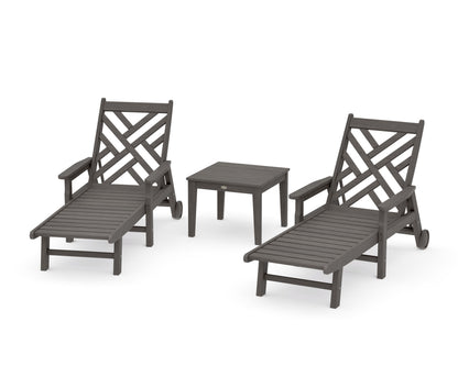 POLYWOOD Chippendale 3-Piece Chaise Set with Arms and Wheels in Driftwood