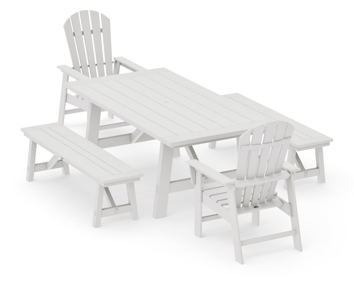 POLYWOOD South Beach 5-Piece Rustic Farmhouse Dining Set with Benches in Vintage White