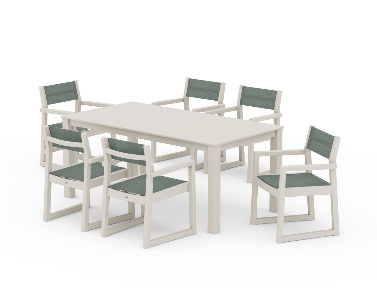 POLYWOOD EDGE Sling Arm Chair 7-Piece Parsons Dining Set in Sand / Dupioni Sea Mist