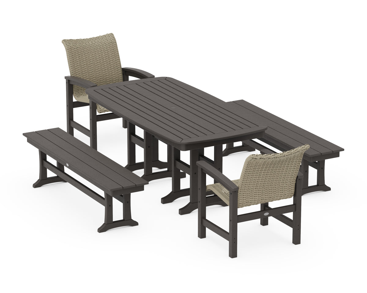 POLYWOOD Coastal Woven 5-Piece Dining Set with Benches in Vintage Coffee / Dune Grass