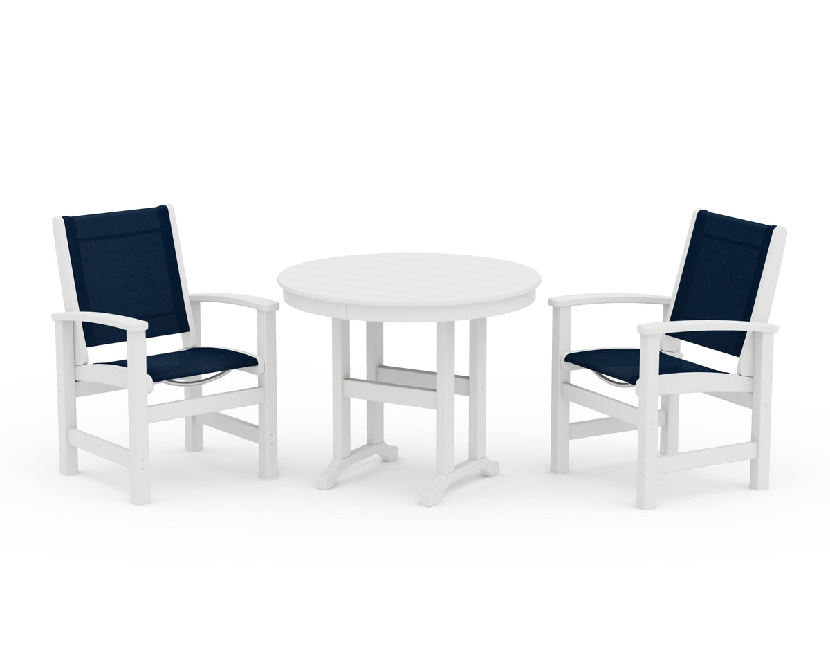 POLYWOOD Coastal 3-Piece Round Dining Set in White / Navy Blue