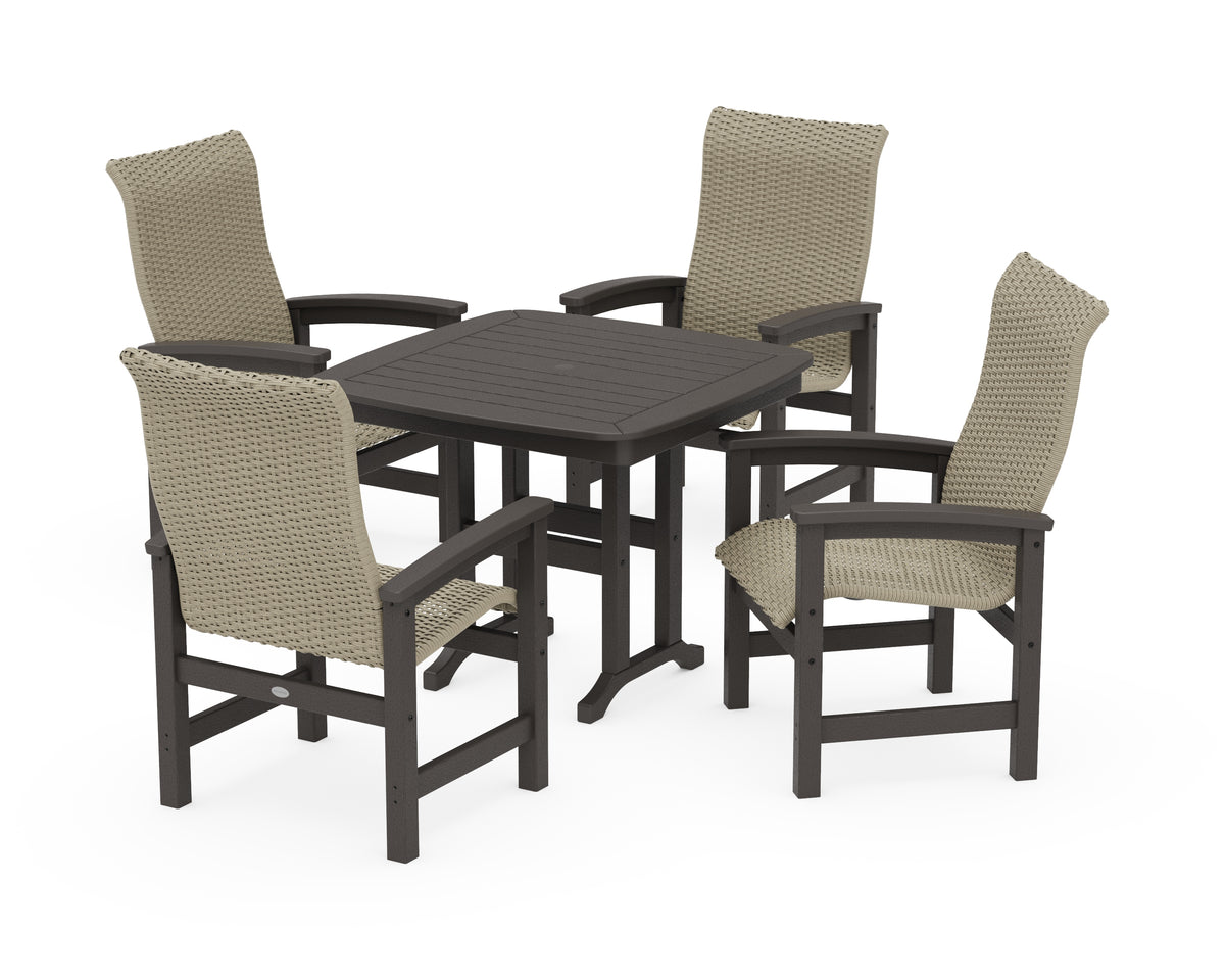 POLYWOOD Coastal Woven High-Back 5-Piece Dining Set in Vintage Coffee / Dune Grass