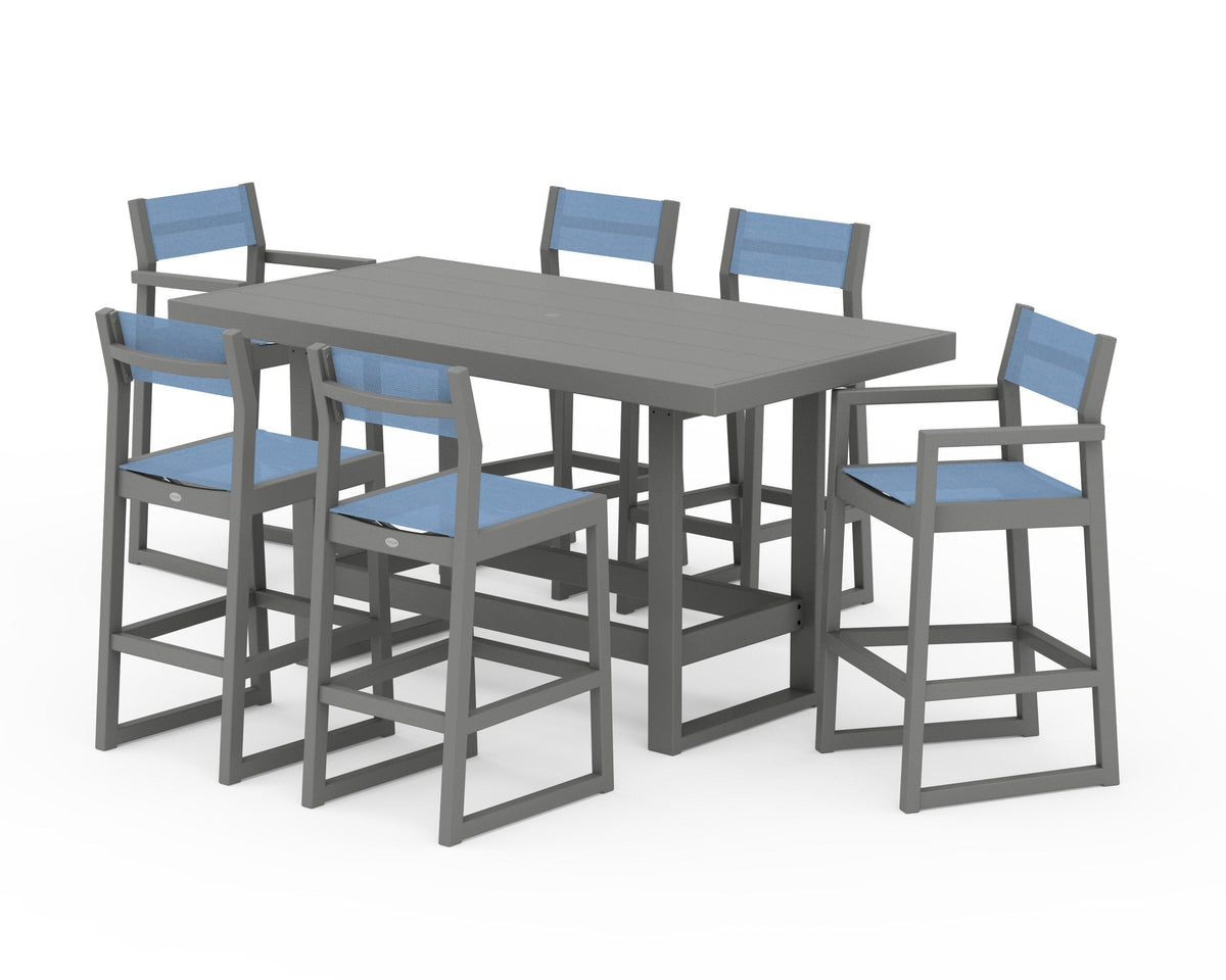 POLYWOOD EDGE Sling 7-Piece Bar Table Set in Slate Grey / Poolside