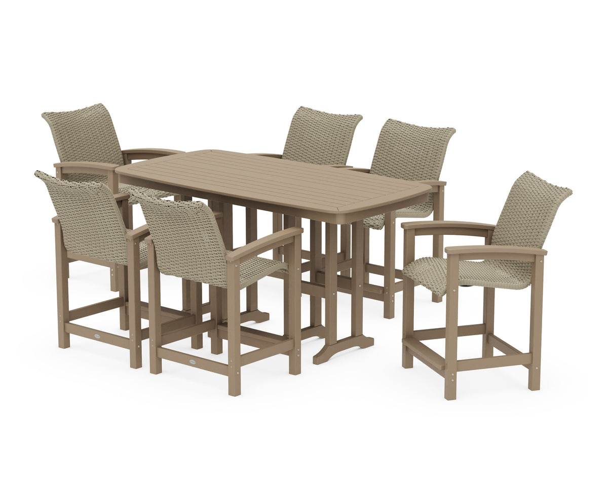 POLYWOOD Coastal Woven Arm Chair 7-Piece Counter Set in Vintage Sahara / Dune Grass
