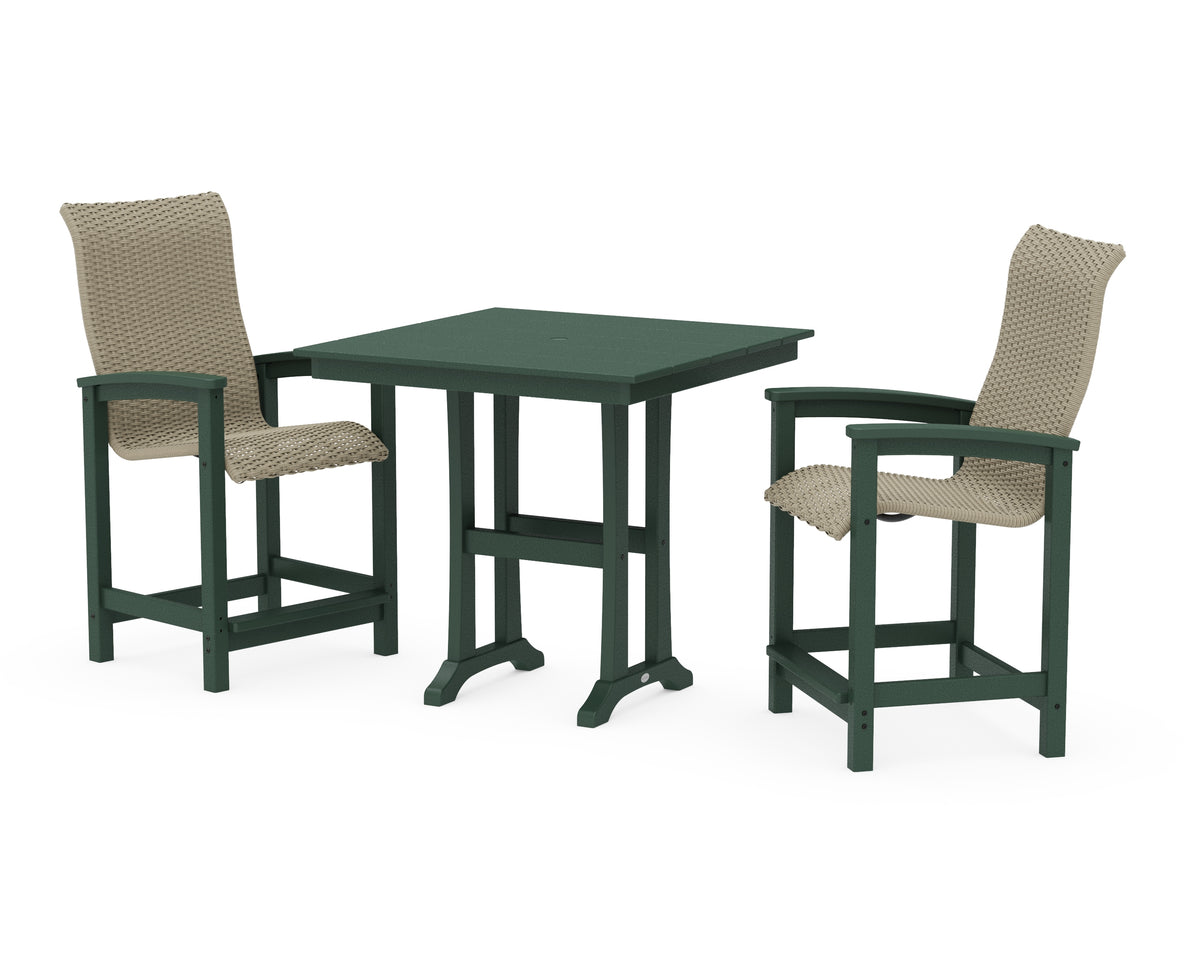 POLYWOOD Coastal Woven High-Back 3-Piece Farmhouse Counter Set with Trestle Legs in Green / Dune Grass