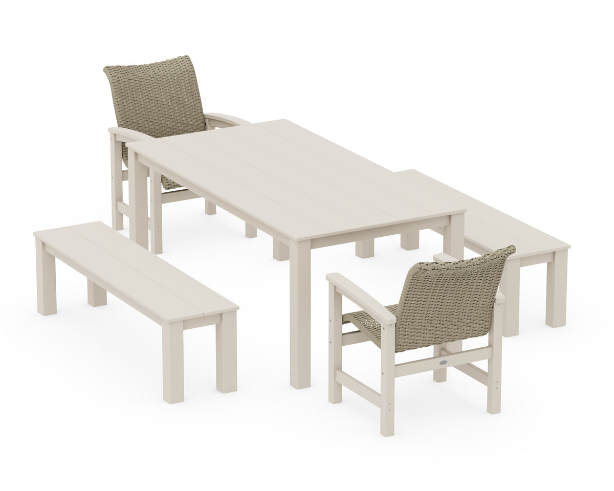 POLYWOOD Coastal Woven 5-Piece Parsons Dining Set with Benches in Sand / Dune Grass