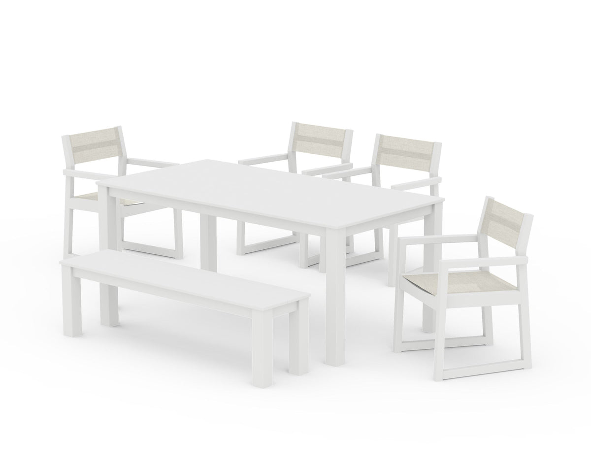POLYWOOD EDGE Sling Arm Chair 6-Piece Parsons Dining Set with Bench in White / Parchment