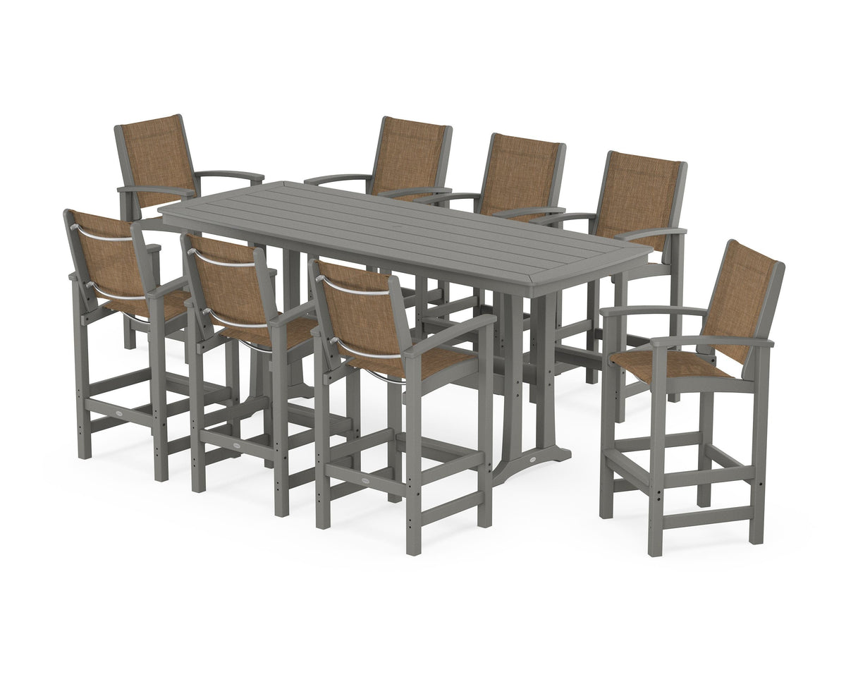 POLYWOOD Coastal 9-Piece Bar Set with Trestle Legs in Slate Grey / Burlap