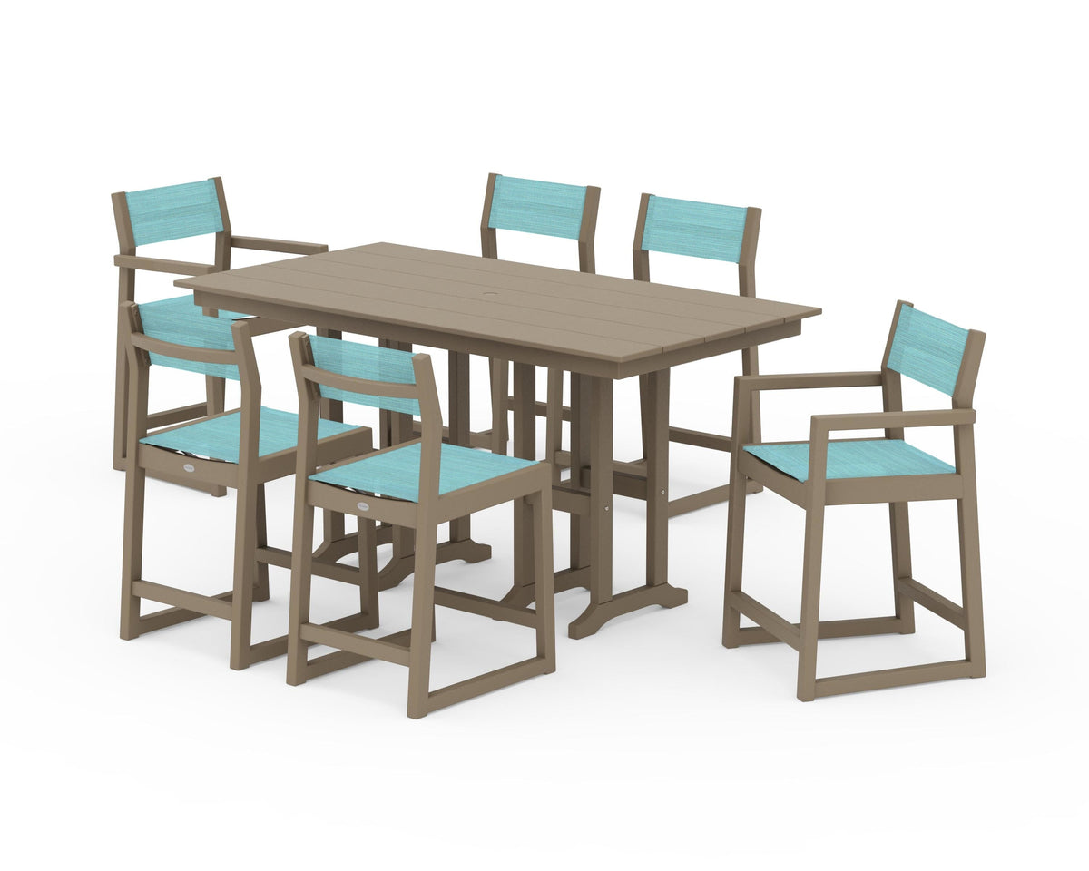 POLYWOOD EDGE Sling 7-Piece Farmhouse Counter Set with Trestle Legs in Vintage Sahara / Dupioni Aquamarine