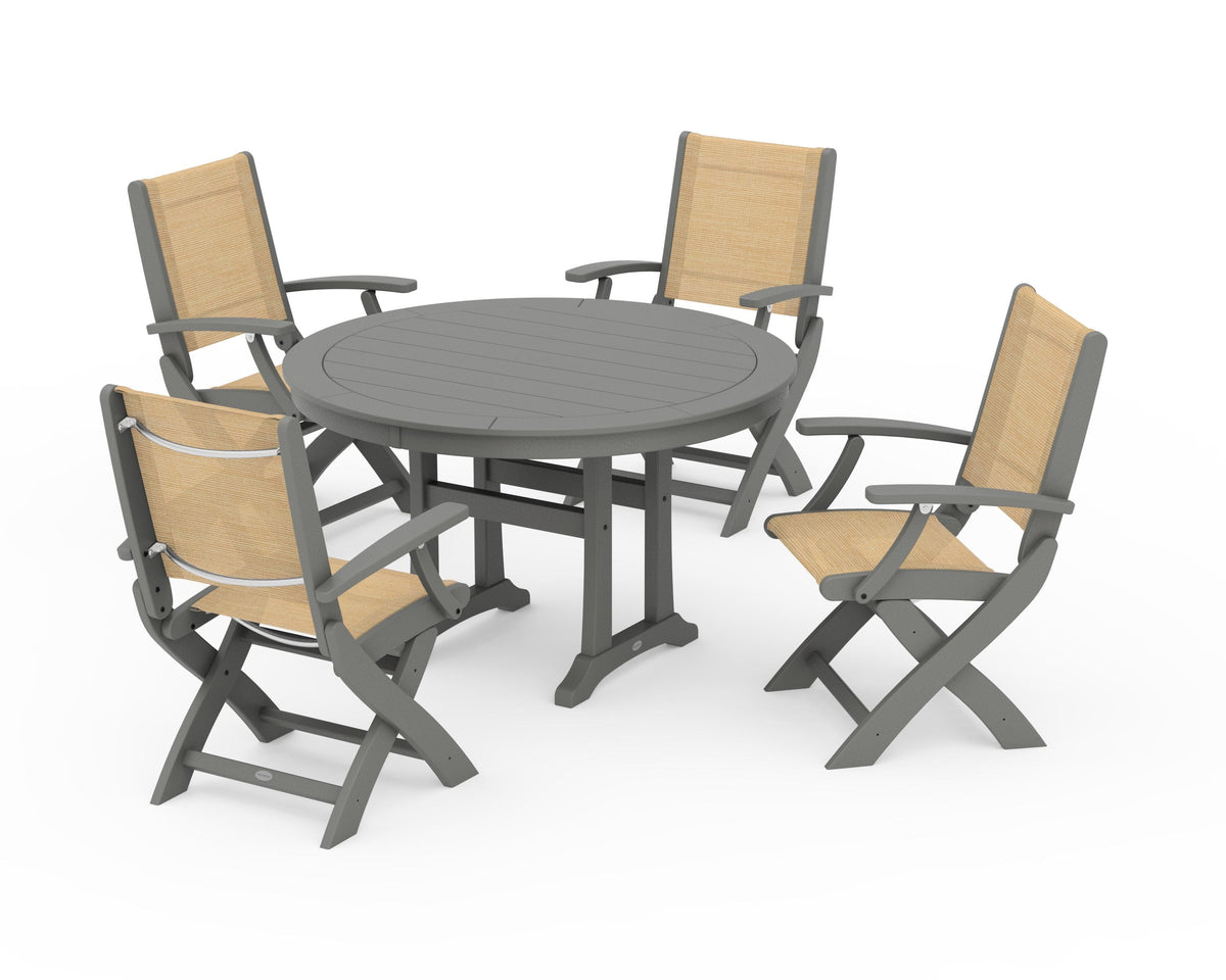 POLYWOOD Coastal Folding Chair 5-Piece Round Dining Set with Trestle Legs in Slate Grey / Dupioni Apricot