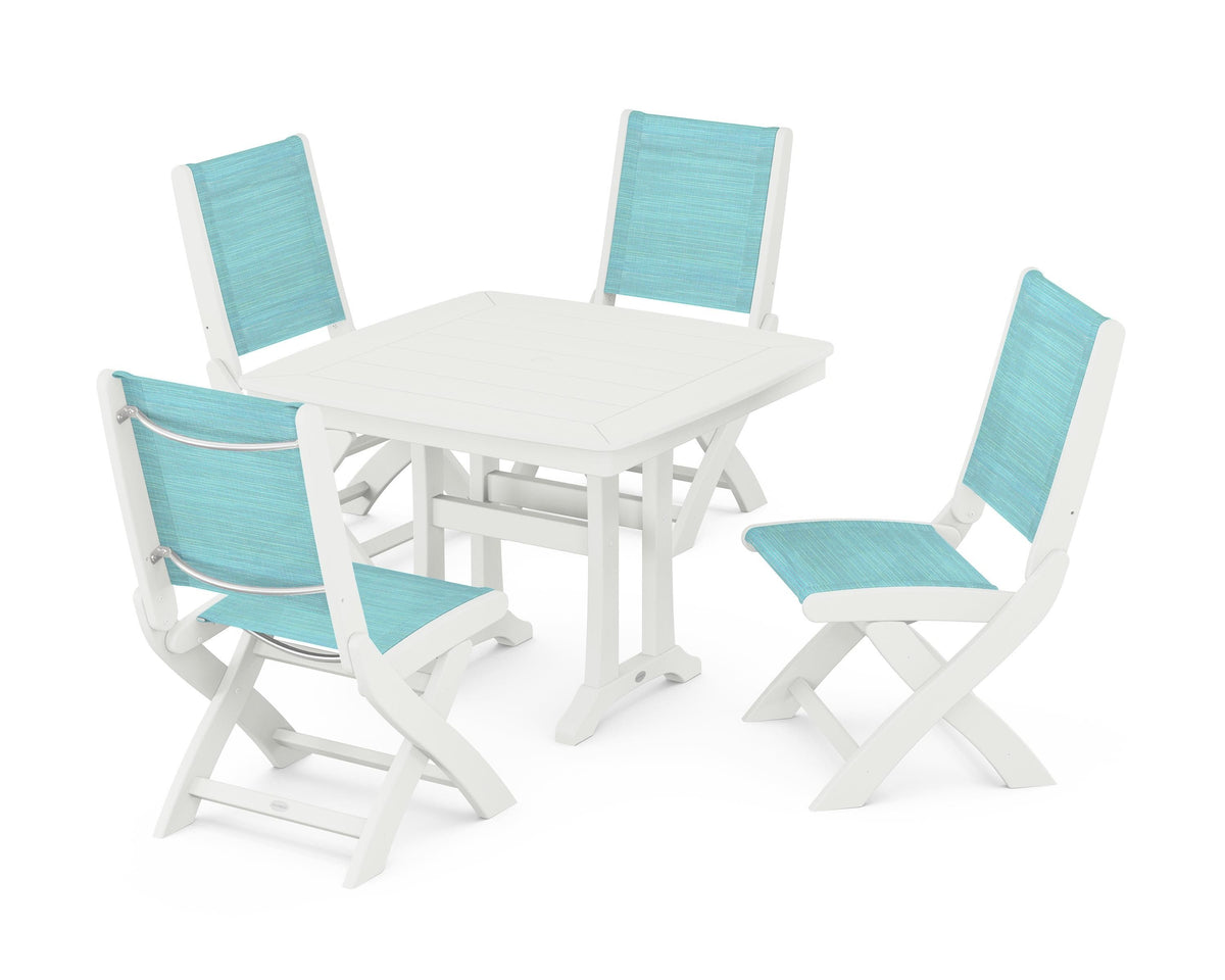 POLYWOOD Coastal Folding Side Chair 5-Piece Dining Set with Trestle Legs in Vintage White / Dupioni Aquamarine