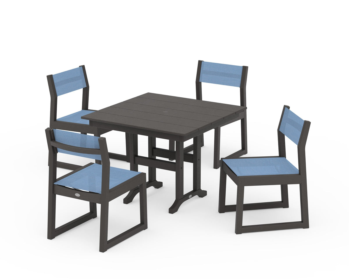 POLYWOOD EDGE Sling Side Chair 5-Piece Farmhouse Dining Set in Vintage Coffee / Poolside
