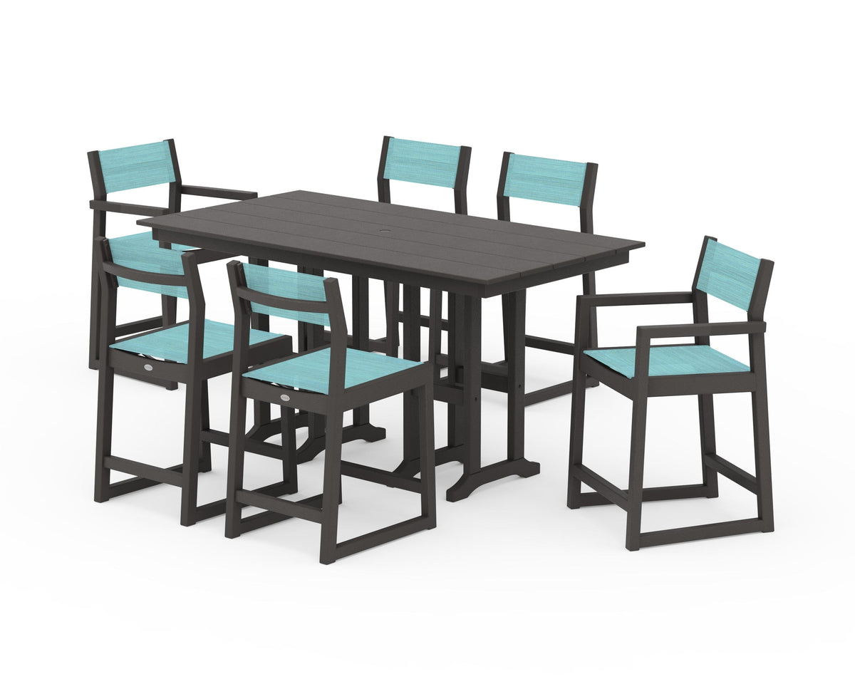 POLYWOOD EDGE Sling 7-Piece Farmhouse Counter Set with Trestle Legs in Vintage Coffee / Dupioni Aquamarine
