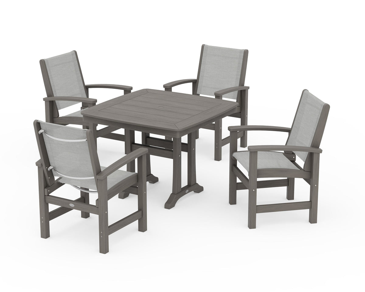 POLYWOOD Coastal 5-Piece Dining Set with Trestle Legs with Nautical Trestle 37" Dining Table in Driftwood / Metallic