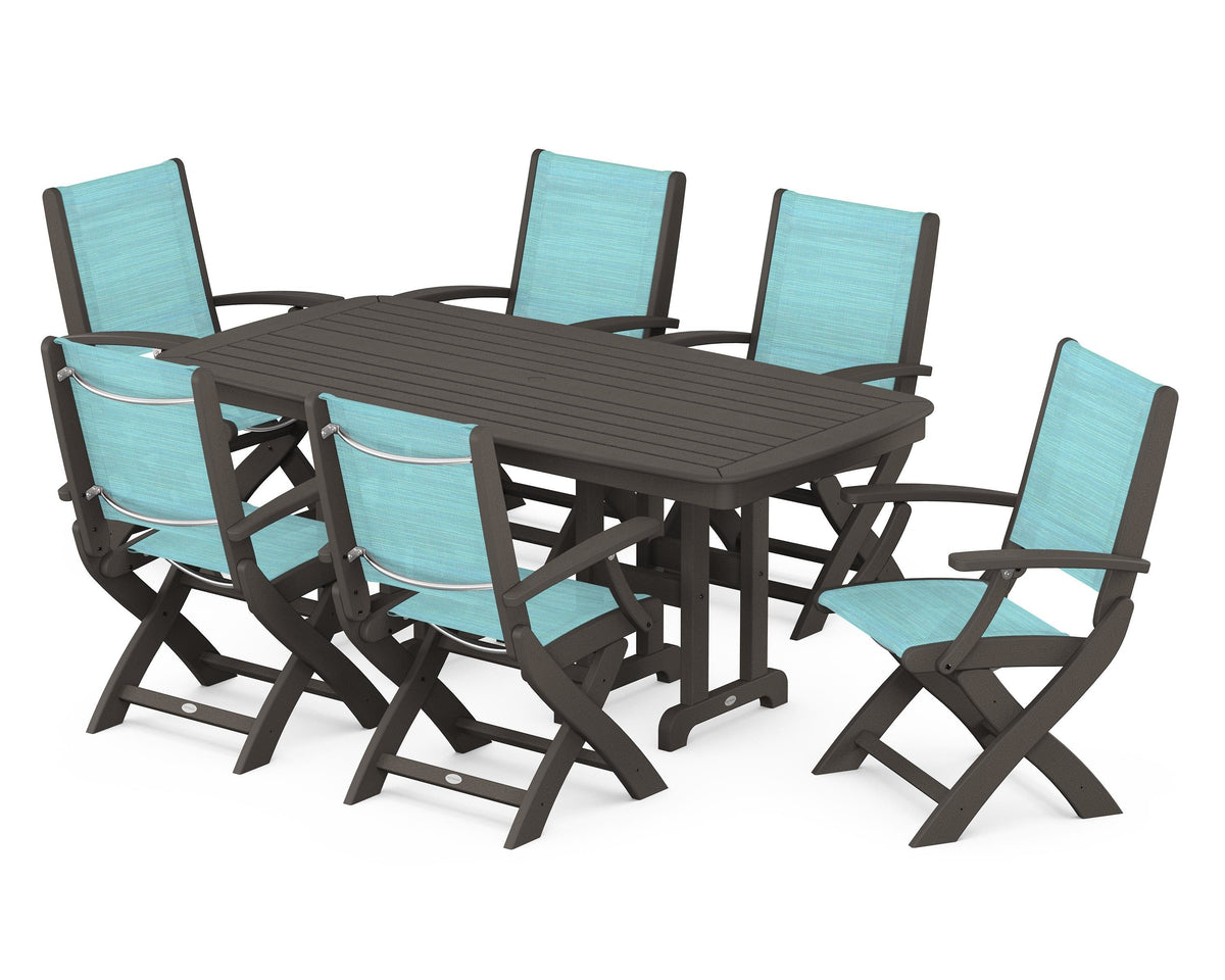 POLYWOOD Coastal Folding Arm Chair 7-Piece Dining Set in Vintage Coffee / Dupioni Aquamarine