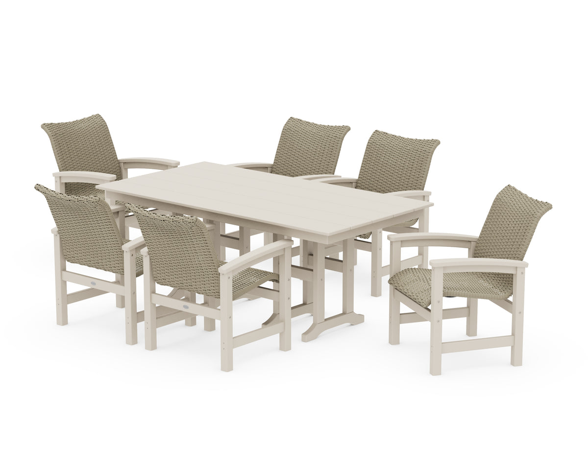 POLYWOOD Coastal Woven Arm Chair 7-Piece Farmhouse Dining Set in Sand / Dune Grass