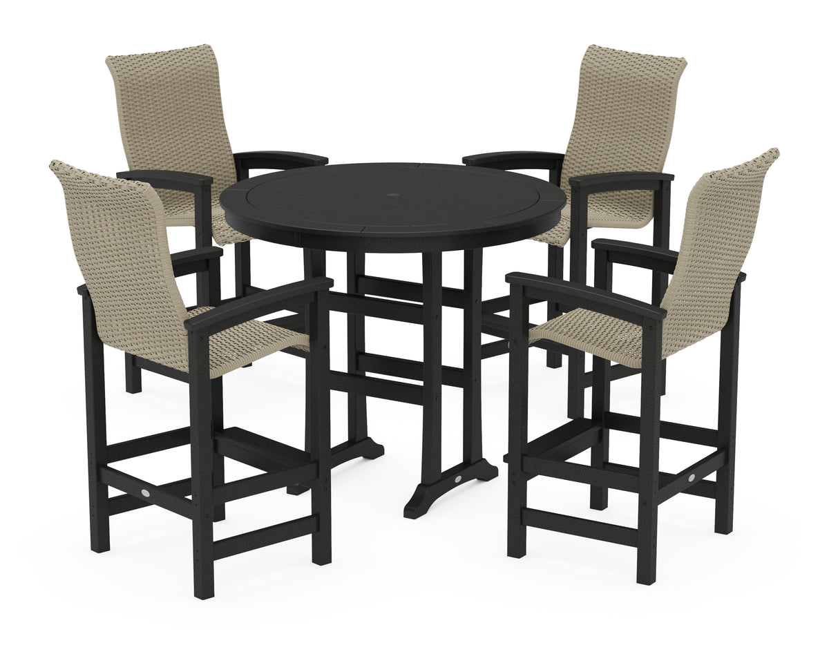 POLYWOOD Coastal Woven High-Back 5-Piece Round Bar Set in Black / Dune Grass