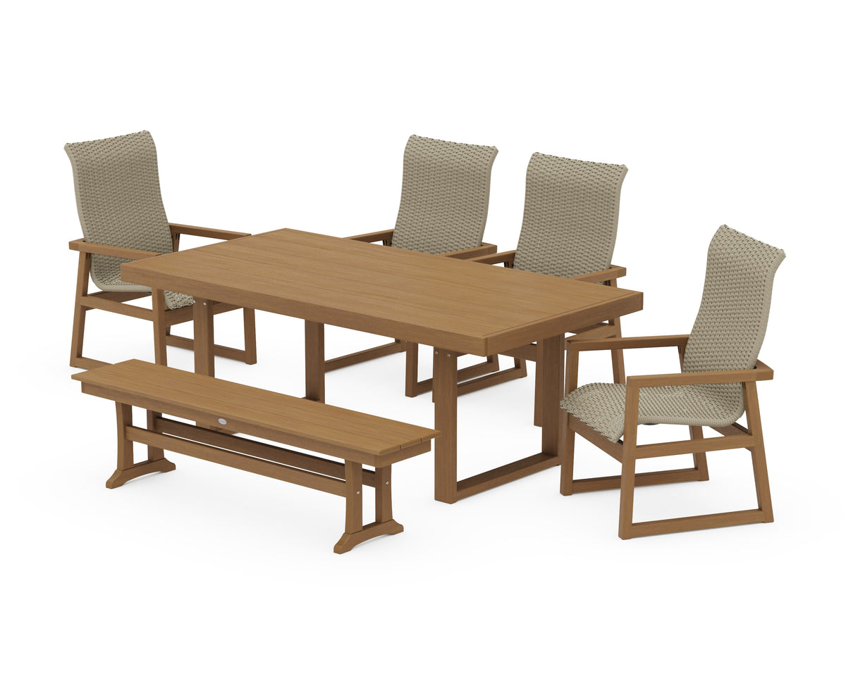 POLYWOOD EDGE Woven High-Back 6-Piece Dining Set with Bench in Natural / Dune Grass