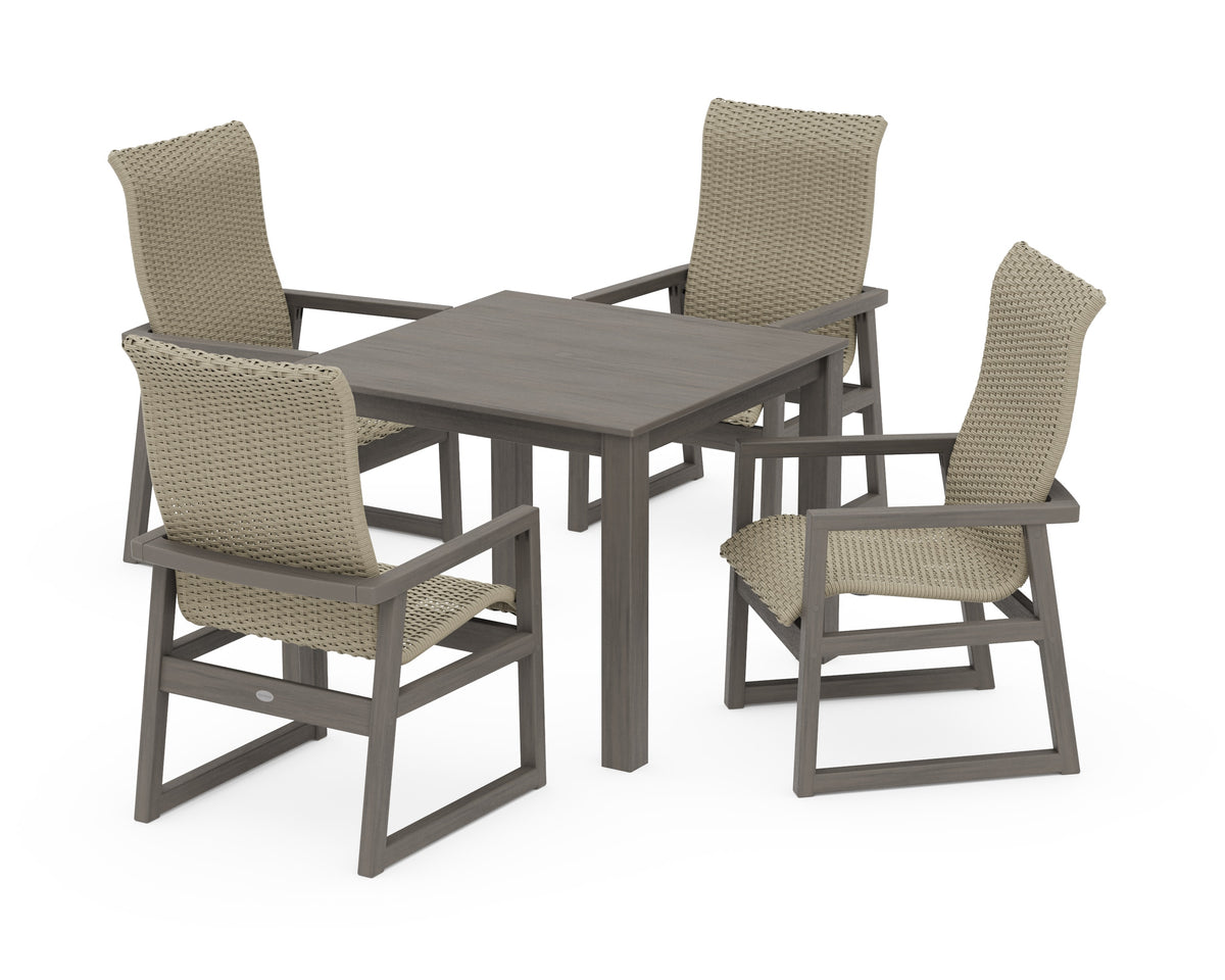 POLYWOOD EDGE Woven High-Back 5-Piece Parsons Dining Set in Driftwood / Dune Grass