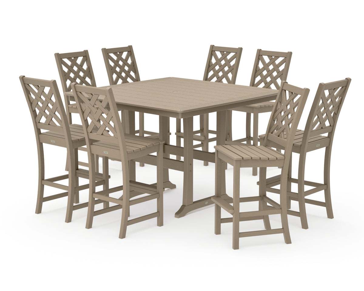 POLYWOOD Country Living Wovendale Side Chair 9-Piece Square Bar Set with Trestle Legs in Vintage Sahara