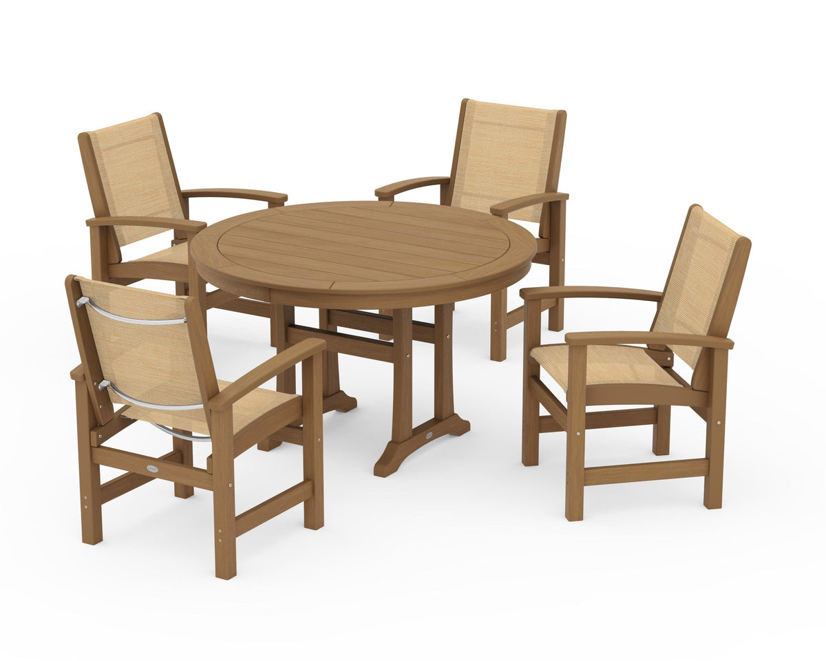 POLYWOOD Coastal 5-Piece Round Dining Set with Trestle Legs in Natural / Dupioni Apricot