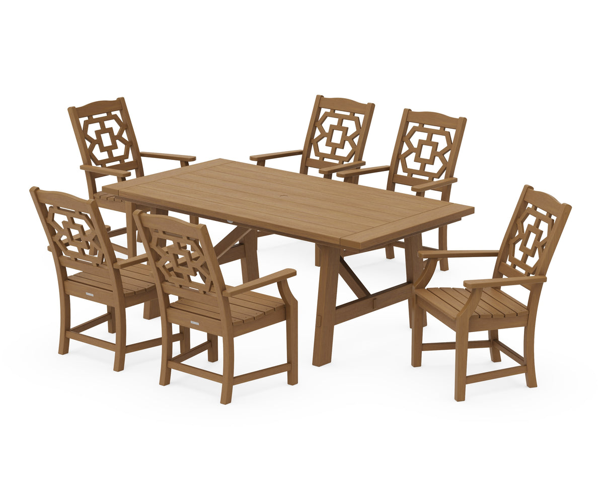POLYWOOD Chinoiserie Arm Chair 7-Piece Rustic Farmhouse Dining Set in Natural