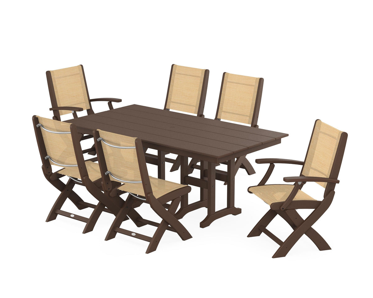 POLYWOOD Coastal Folding Chair 7-Piece Farmhouse Dining Set in Mahogany / Dupioni Apricot