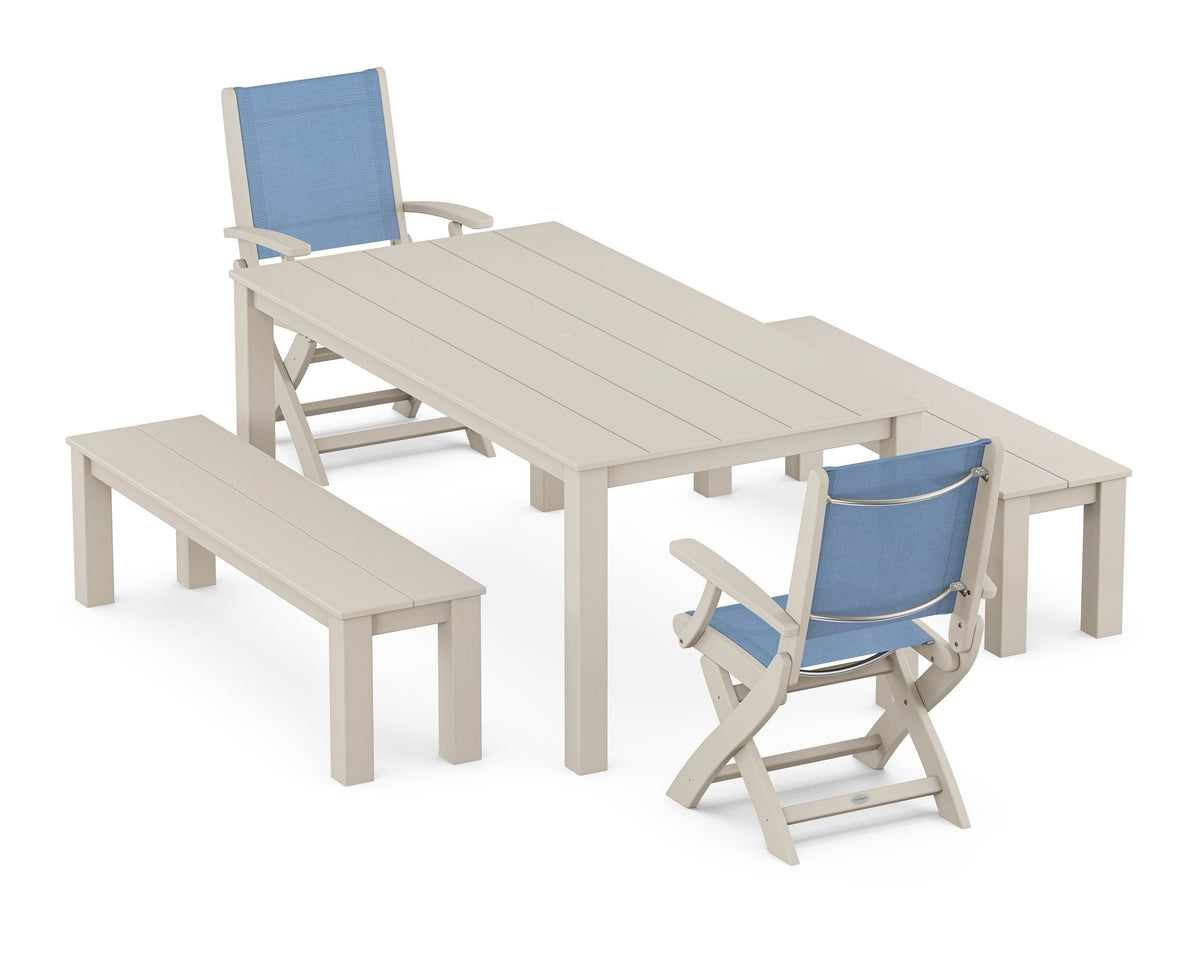 POLYWOOD Coastal Folding Chair 5-Piece Parsons Dining Set with Benches in Sand / Poolside