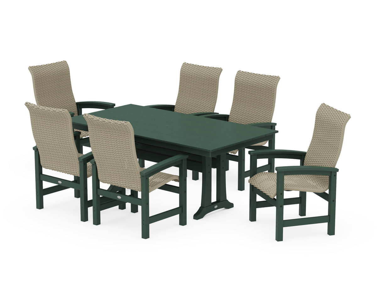 POLYWOOD Coastal Woven High-Back Arm Chair 7-Piece Farmhouse Dining Set with Trestle Legs in Green / Dune Grass