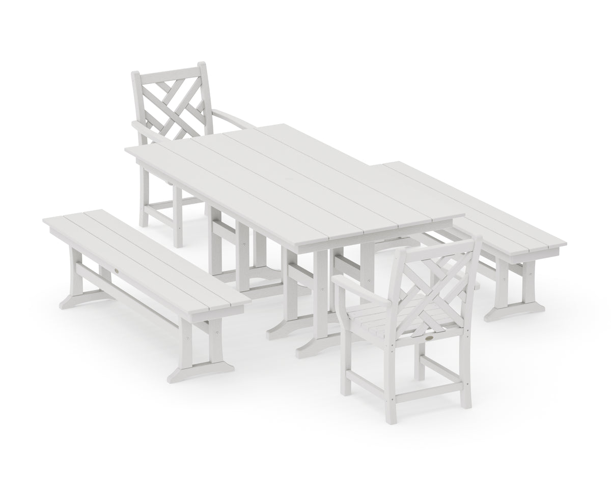 POLYWOOD Chippendale 5-Piece Farmhouse Dining Set with Benches in Vintage White