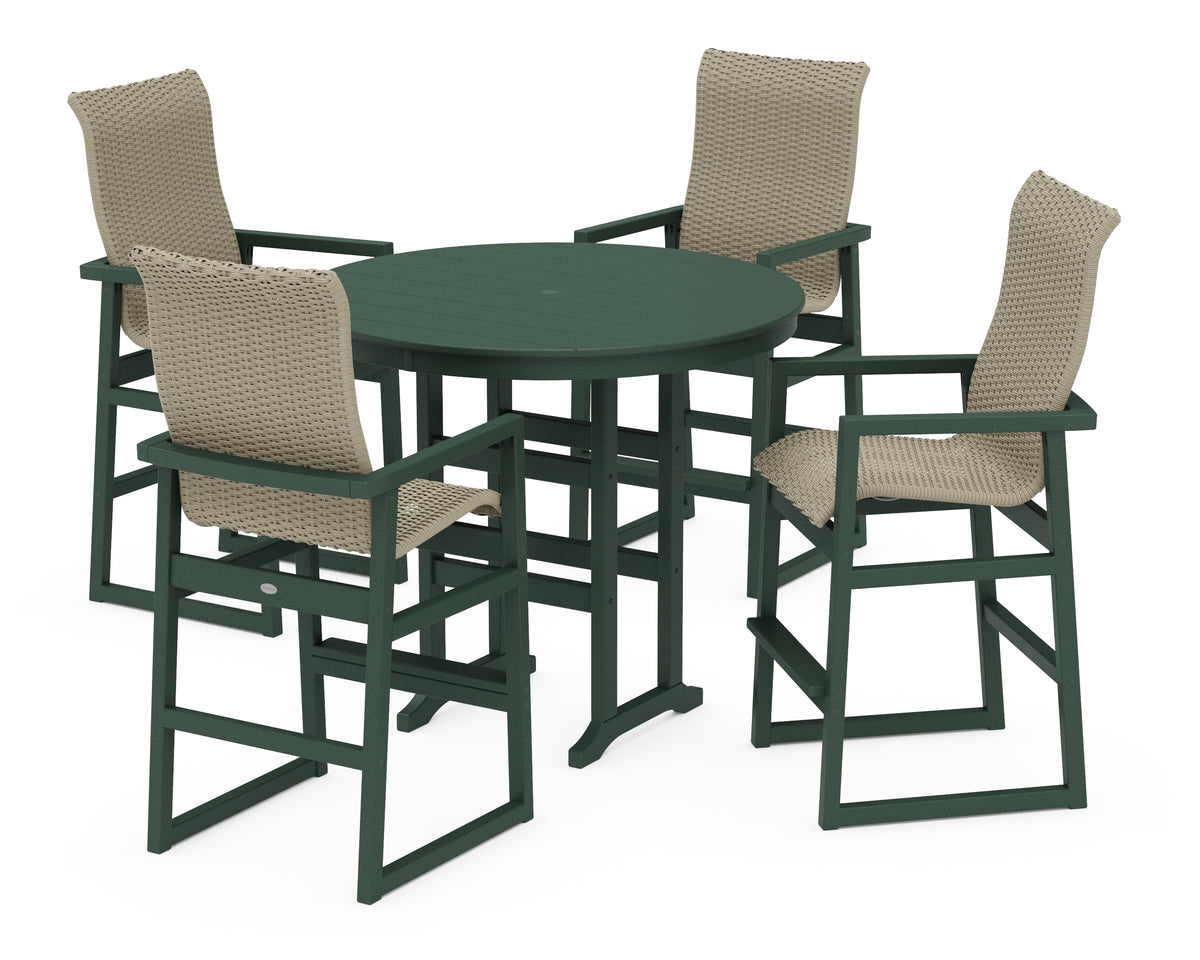POLYWOOD EDGE Woven Highback 5-Piece Round Farmhouse Bar Set in Green / Dune Grass