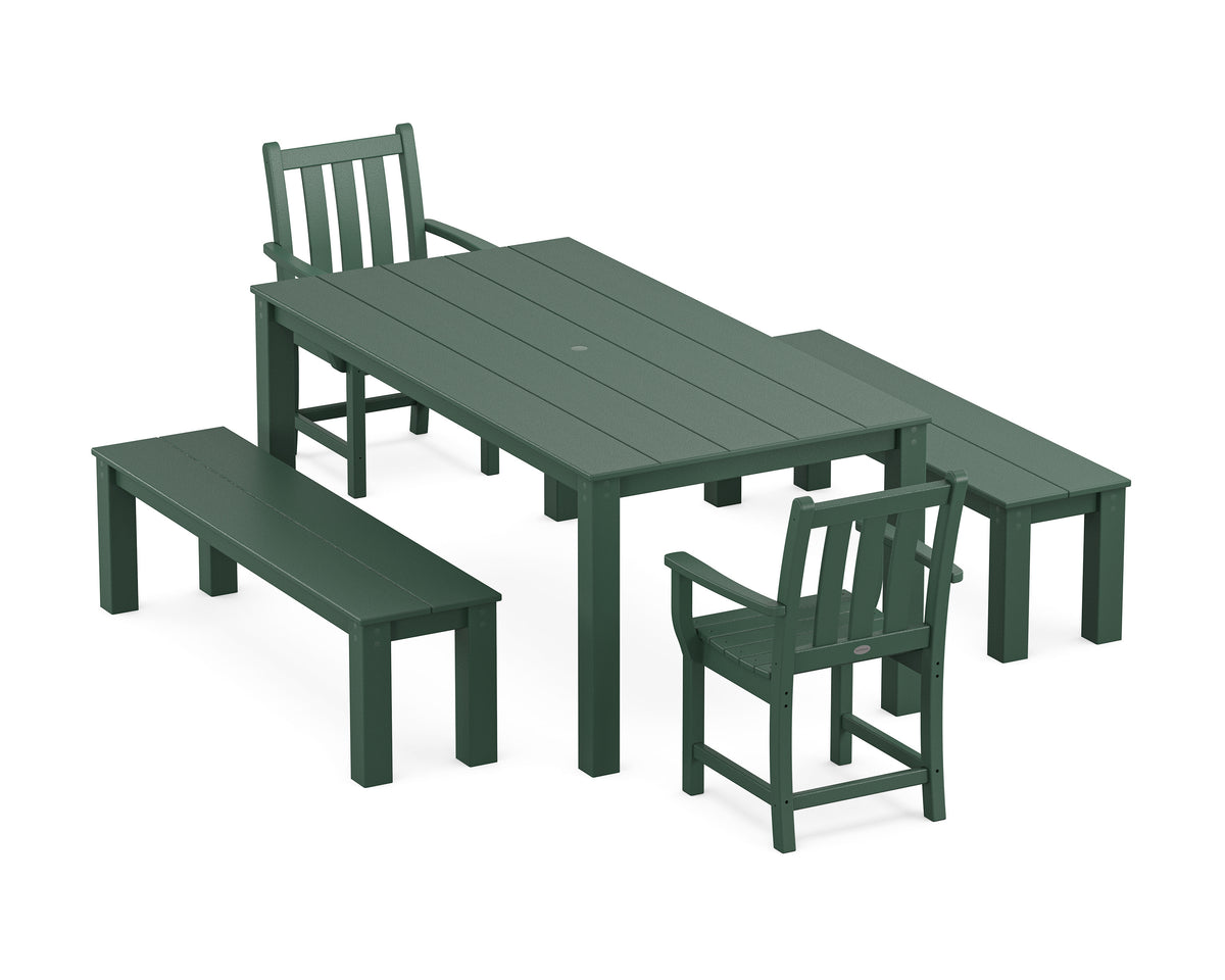 POLYWOOD Traditional Garden 5-Piece Parsons Dining Set with Benches in Green