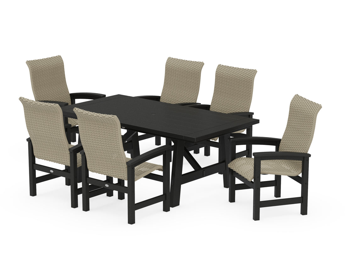 POLYWOOD Coastal Woven High-Back Arm Chair 7-Piece Rustic Farmhouse Dining Set in Black / Dune Grass