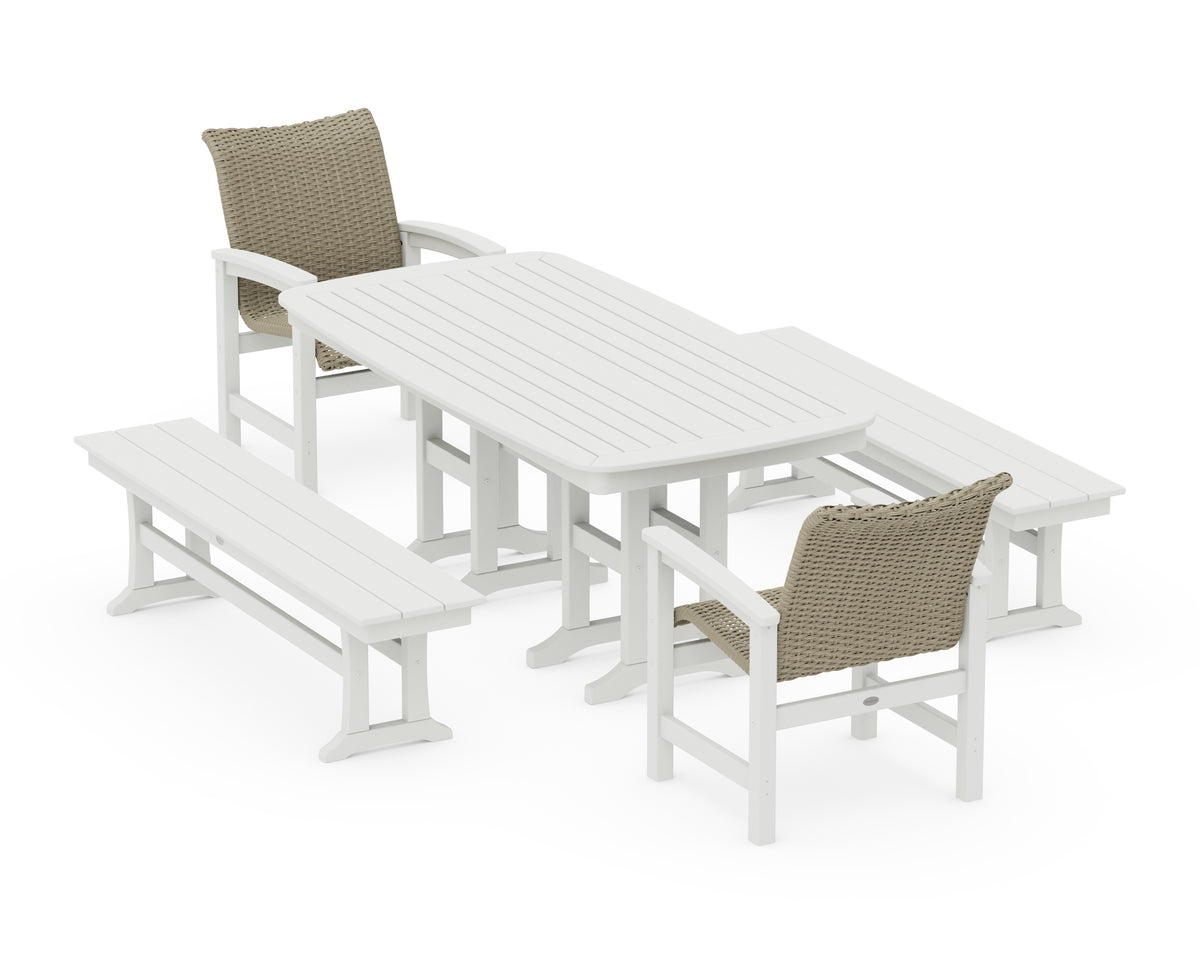 POLYWOOD Coastal Woven 5-Piece Dining Set with Benches in Vintage White / Dune Grass