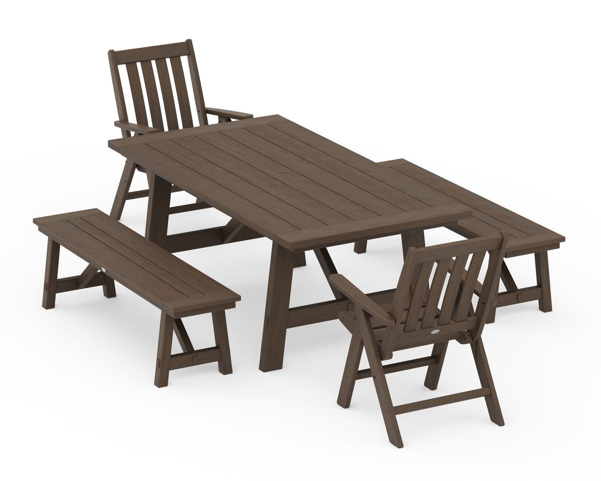 POLYWOOD Vineyard Folding Chair 5-Piece Rustic Farmhouse Dining Set with Benches in Kona
