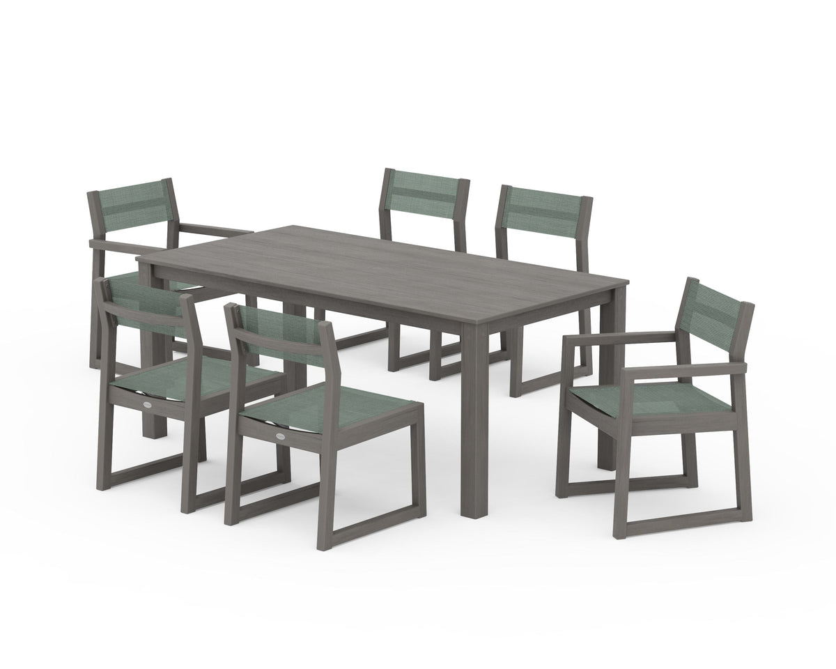 POLYWOOD EDGE Sling 7-Piece Parsons Dining Set in Driftwood / Dupioni Sea Mist