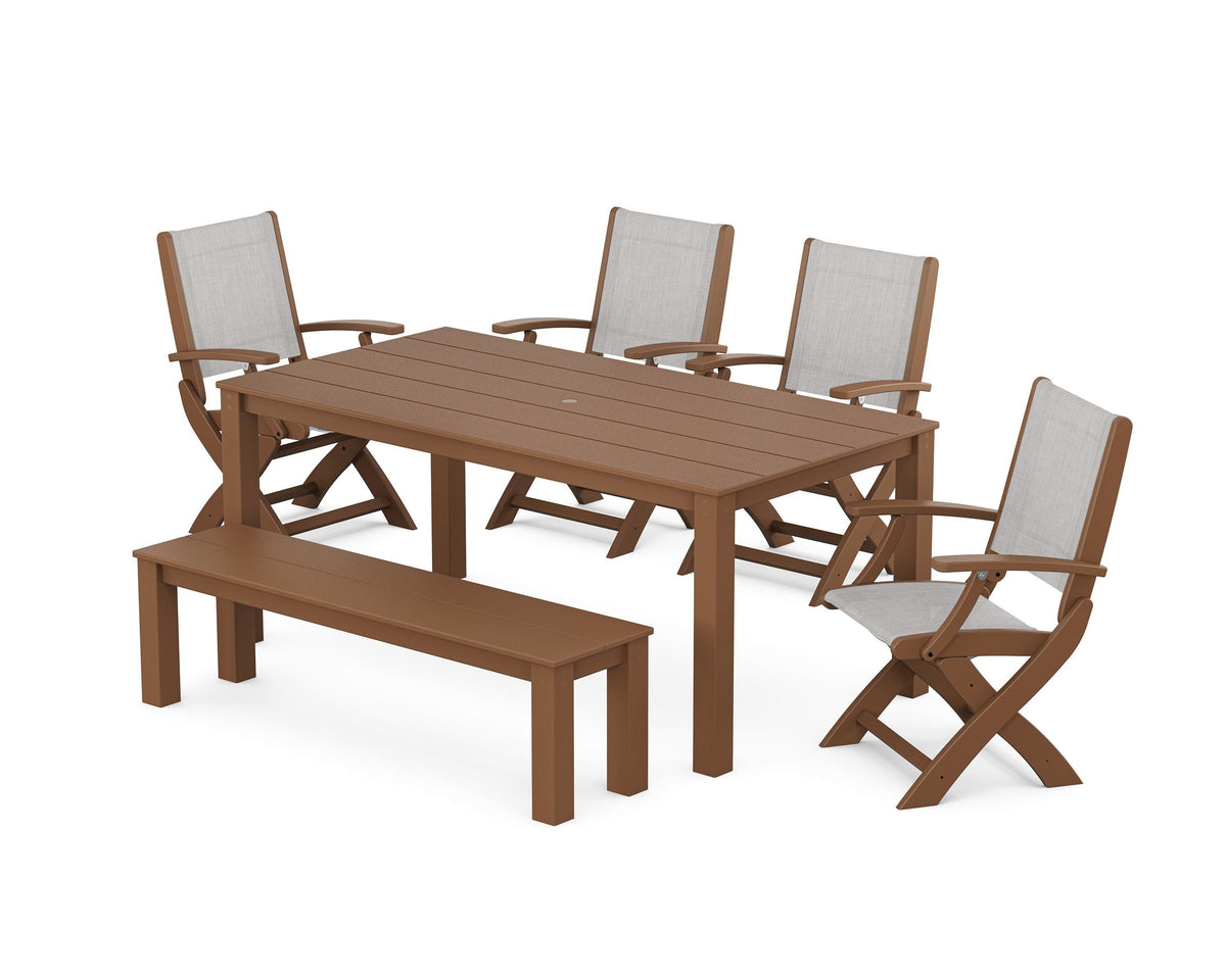POLYWOOD Coastal Folding Chair 6-Piece Parsons Dining Set with Bench in Teak / Parchment