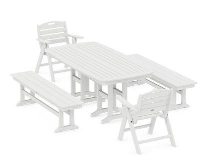 POLYWOOD Nautical Lowback 5-Piece Dining Set with Benches in White